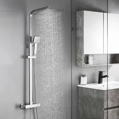 Produktbild von Auralum Duschsystem Thermostat Regendusche & Handbrause Eckig Chrom
