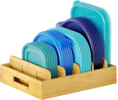 Produktbild von Bambus Topfdeckelhalter mit 5 verstellbaren Trennwänden und Schwammtropfgestell, Küchen Organizer für Deckel, Bad, Zimmer, 33x26x6,5 cm