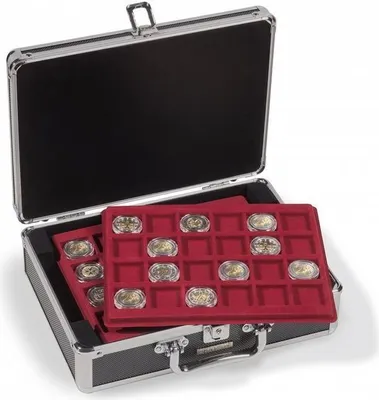 An open coin case with trays holding coins.