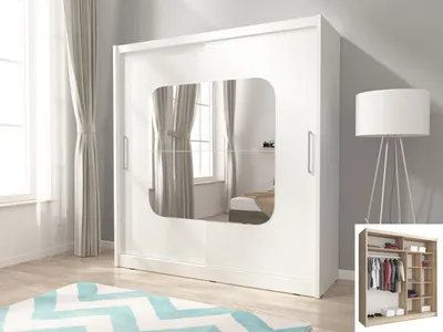Produktbild von Schiebetürenschrank Kleiderschrank Schlafzimmer Spiegel weiß - Breite 200cm