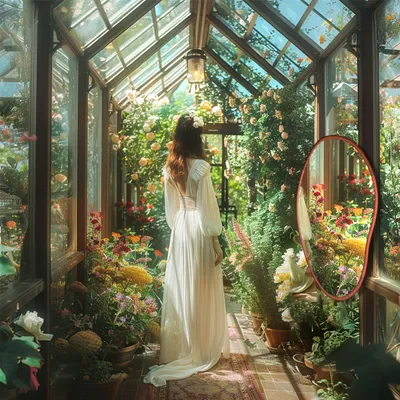 A woman in a white dress stands in a lush greenhouse filled with flowers and plants. A mirror reflects the vibrant scene.