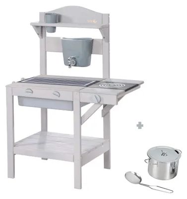 Immagine prodotto di Cucina da esterno per bambini, inclusi accessori - Piccola cucina da gioco per esterni realizzata in legno resistente alle intemperie - Verniciata di grigio