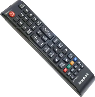 A black Samsung TV remote control is shown diagonally on a white background.