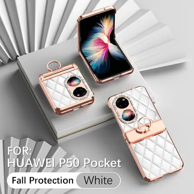 Obrázek produktu pro Kožené pouzdro na Huawei P50 Pocket s držákem na prsten, blyštivé ochranné pouzdro s ochranou pantu Bílý
