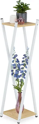 Produktbild von Relaxdays Blumenständer, 2 Etagen in Holzoptik, Metall, MDF, moderner Blumenhocker, HBT: 99 x 29 x 29 cm, weiß/hellbraun