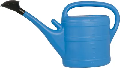 A blue watering can with a black nozzle is shown against a white background.