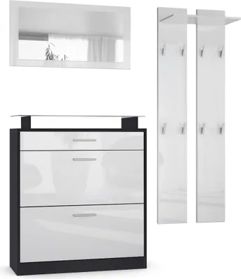 Produktbild von Vladon Garderobe Loret mini, Garderobenset bestehend aus 1 Schuhschrank, 1 Wandspiegel und 2 Garderobenpaneele, Schwarz matt/Weiß Hochglanz
