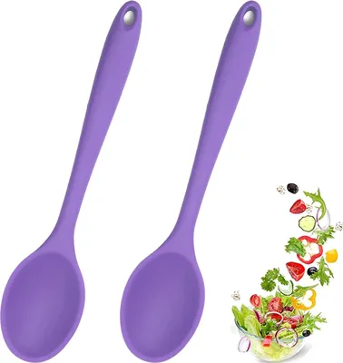 Produktbild von Set von 2 Silikon-Kochlöffeln, Kochlöffel mit Antihaftbeschichtung, Kunststoff-Servierlöffel, hygienisches Design, Kunststoff-Kochlöffel, Kochgeschirr, Rührlöffel für Küche, Kochen, Backen, Rühren (lila)