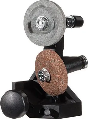 A close-up studio shot of a sharpening attachment for a tool.