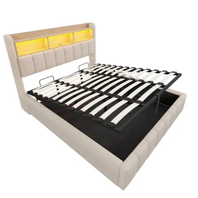 Produktbild von Merax Polsterbett 180x200cm mit hydraulischem Bettkasten, Kinderbett mit LED, USB- & Type-C, Kopfteil mit Ablage und Stauraum, Leinenstoff Grau