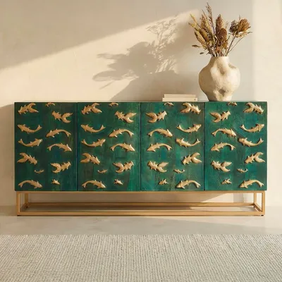Produktbild von riess-ambiente Massives Sideboard GOLDEN LAGOON 180cm türkis gold Mangoholz Metall 3D-Front Fische