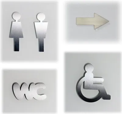 Produktbild von Türschildset - Rollstuhlfahrer+Frau+Mann+Pfeil+WC Edelstahl matt