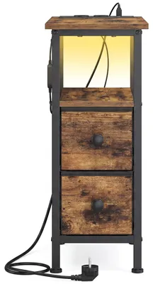 Obrázek produktu pro Noční stolek s LED osvětlením, dvěma zásuvkami a zásuvkovou lištou | Hnědý | 46 x 21,6 x 60,4 cm