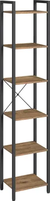 A tall, narrow bookshelf with six wooden shelves and a dark gray metal frame.