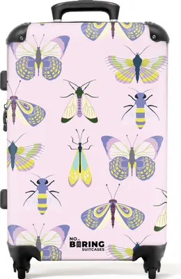 Obrázok produktu pre NoBoringSuitcases.com Tvrdý kufor strednej veľkosti 67x43x25 cm, 72L, potlač hmyzu a rastlín pre ženy: Ružová s hmyzom, cestovný kufor na 4 kolieskach