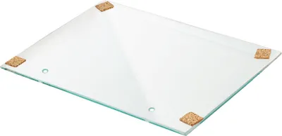 A clear glass plate with cork pads on the corners, shown from a diagonal angle on a white background.
