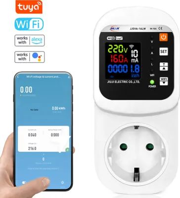 Obrázok produktu pre Tuya WiFi Nastaviteľný prúdový a napäťový chránič Zásuvka s digitálnym displejom Multifunkčná ochranná zásuvka pre chladničky s viacerými ochranami a funkciou automatického resetovania Kompatibilná s Alexa a Google Home na hlasové ovládanie