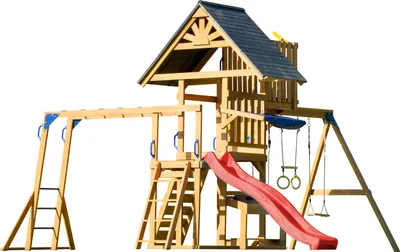 Produktbild von AXI Mitch Spielturm aus Holz in Braun mit Doppelschaukel | Spielplatz für Kinder mit roter Rutsche, Schaukel, Trapez, Kletterwand, Aussichtsturm &