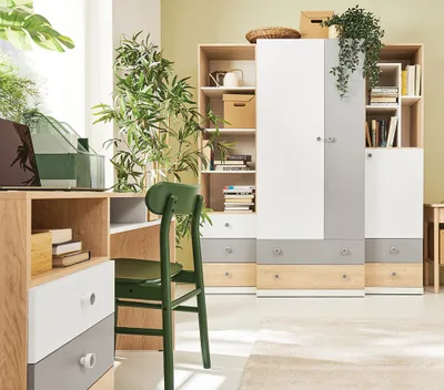 Produktbild von Kinderzimmer Set in Eiche mit weiß und grau PINETO-133, 4-teilig, inkl. Schreibtisch