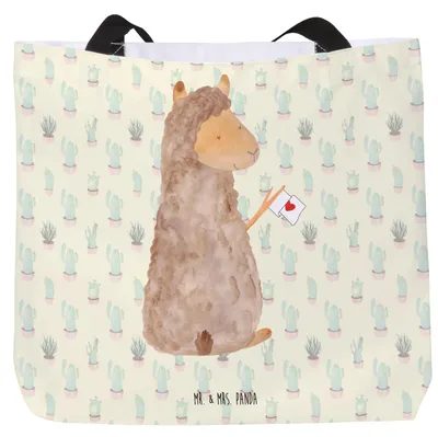 Produktbild von Mr. & Mrs. Panda Tote Bag Alpaka Fahne - Kaktus Grün - Geschenk, Lama, Tasche, Stoffbeutel, Schultasche, Liebe, Strandtasche, Laptoptasche, Alpakas, Lamas