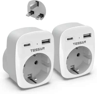 Produktbild von TESSAN 2er Pack Adapter England Deutschland Stecker 3 in 1 Steckdosenadapter mit USB C und USB A 3250W Typ G