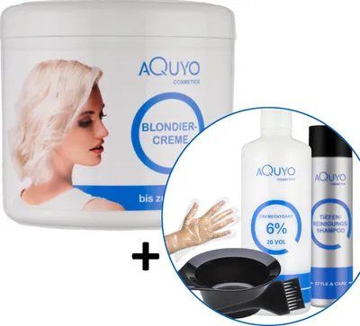 Produktbild von Blondiercreme Set mit Cremeoxydant 6% (500ml) + Handschuhen, Färbeschale, Färbepinsel und Tiefenreinigungsshampoo - zum blondieren oder aufhellen der Haare | Blondierung bis zu 9 Stufen heller