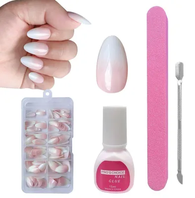 Productafbeelding van Nepnagels, set met 120 stuks, Franse stijl, zelfklevend, wit-roze gradiënt, amandelvorm, kunstnagels, nageldecoratie, manicure, nepnagelset