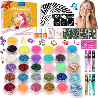 Produktbild von Bledras Glitzer Tattoo Set Kinder, 6 Farben Tattoo Stifte, 31 Farben Glitzertattoos - 4 Nachleuchtendes Glitzer-Gel, 3 Kleber, Wunderschön Verpackt