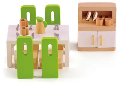 Image de Hape - Ensemble de mobilier pour maison de poupées en bois, comprenant une salle à manger avec table, chaises et