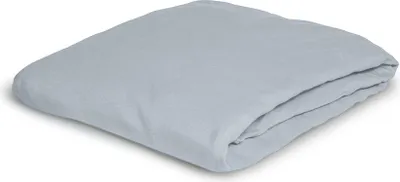 A folded light blue fitted sheet is shown on a white background.
