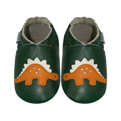Produktbild von MEJALE® Baby Krabbelschuhe aus Echtleder,weiche Lauflernschuhe für Mädchen&Jungen, rutschfeste Ledersohle,Tiefgrün, Dinosaurier,Größe S (0–6 Monate)
