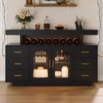 Productafbeelding van Merax Wijnkast/koffiebar kast met 6 lades, dressoir met 2 glazen deuren en een open plank, commode met RGB-LED verlichting, MDF, zwart