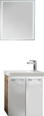 Produktbild von FACKELMANN MILANO Gäste WC Set 5 Teile / Waschbecken / Waschbeckenunterschrank / Waschbeckenbeleuchtung / Armatur / LED-Spiegel / Badmöbel Set / Korpus: Braun hell / Front: Weiß / Breite: 55 cm