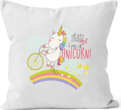 Produktbild von Kissenbezug Einhorn Trust me I´m a Unicorn Sprüche Spruch Kissen-Hülle Deko-Kissen 40x40 Baumwolle MoonWorks® weiß unisize