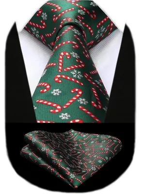 Obrázek produktu pro Pánská vánoční kravata a kapesníček, tkané, červeno-zelené, s motivem Santa Clause a berličky