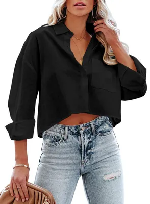 Produktbild von Damen-Crop-Bluse mit Knopfleiste, langen Ärmeln, lässigem Crop-Top, einfarbigem Reverskragen und Brusttasche,Größe:XL