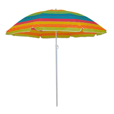A striped beach umbrella on a white background.