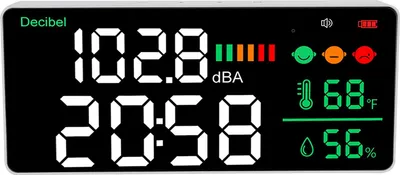 Zdjęcie produktu dla Miernik decybeli 11-calowy wyświetlacz LED naścienny biurkowy poziom dźwięku 30-130dB Tester hałasu Czas Temperatura Wilgotność dla domu Studio Fabryka Sala lekcyjna