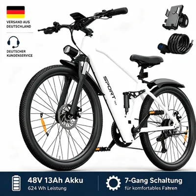 Produktbild von PiXELPiLOT T8S E Bike, Trekking E-Bikes  Doppelte Federung, 250W Pedelec, 48V 13Ah Akku, Shimano 7-Gang, LED-Licht, LCD Display