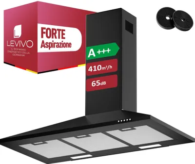 Immagine prodotto di Cuffia di aspirazione LEVIVO 90 cm per ricircolo ed espulsione dell'aria con capacità d'aria di 410 m³/h, cuffia di aspirazione con 2 filtri a carboni attivi, 3 filtri antigrasso, cuffia a parete con 3 livelli