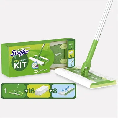 Produktbild von Swiffer Dry & Wet Starter Set ( 1 Stab + 16 Dry + 8 Wet Tücher )