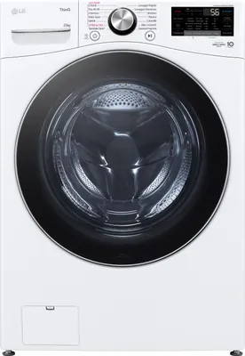 A front view of a white LG washing machine.