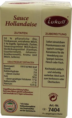 The image shows the side panel of a Lukull Sauce Hollandaise product box, detailing ingredients, preparation instructions, and nutritional information.