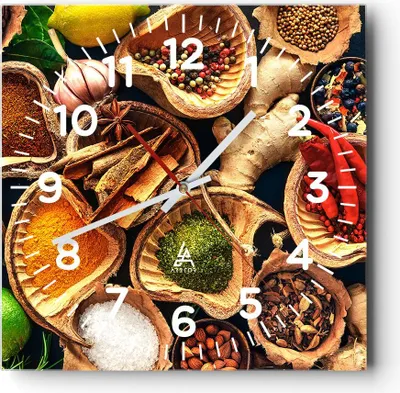 Produktbild von Wanduhr - Quadrat - Glasuhr - Küche Essen Kräuter Gewürze - 30x30cm - Schleichendes Uhrwerk - Lautlos - zum Aufhängen bereit - Dekoration Modern - Wanddekoration aus Glas - C4AC30x30-2844