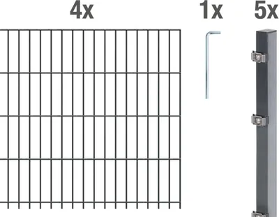 A set of fence components including panels, an Allen key, and a fence post with clips, presented on a white background.