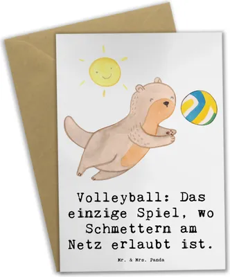 Produktbild von Mr. & Mrs. Panda Klappkarte Volleyball Schmettern - Weiß - Geschenk, einladungskarten, Agilität, Schmetterball, Grußkarten, weihnachtskarten, Sportler, Teamsport