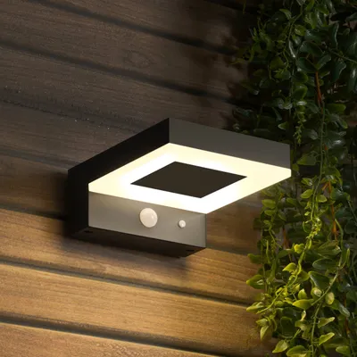 A modern black outdoor solar wall light with a square illuminated panel is mounted on a wooden wall, with green foliage hanging to the right.