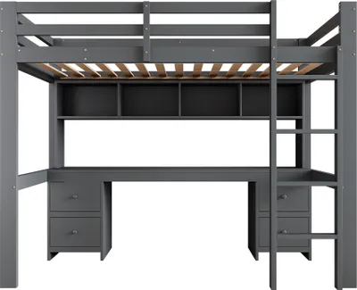 Produktbild von Merax Etagenbett 90x200cm, Hochbett mit Schreibtisch und Regalen, Kinderbett mit Lattenrost und 4 Schubladen, Massivholz Jugendbett Stockbett, Grau