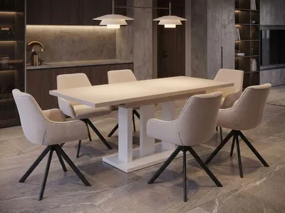 Produktbild von ENDO-Möbel Essgruppe "Appia White" - Esstisch ausziehbar 130-210cm in Kaschmir Beige für 6 Personen mit Stühlen in Leinen-Beige