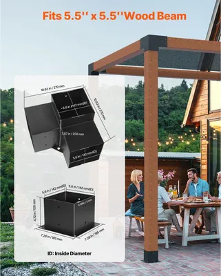 Zdjęcie produktu dla Złączki do słupów, narożnik do słupów o wymiarach 142 x 142 mm, w zestawie: 4 sztuki trójkątnych, wzmocnionych narożników oraz 4 sztuki wsporników do słupów. Zestaw mocowań do pergoli, przeznaczony do pawilonów i pergol tarasowych